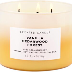 Vanilla Cedarwood Forest 3 Wick Scented Candle | Large Soy Candles for Stress Relief 15.8 oz | Relaxing Aromatherapy Candle for Men & Women | Fresh Cozy Scent Long Lasting Candles for Home Clean Burn