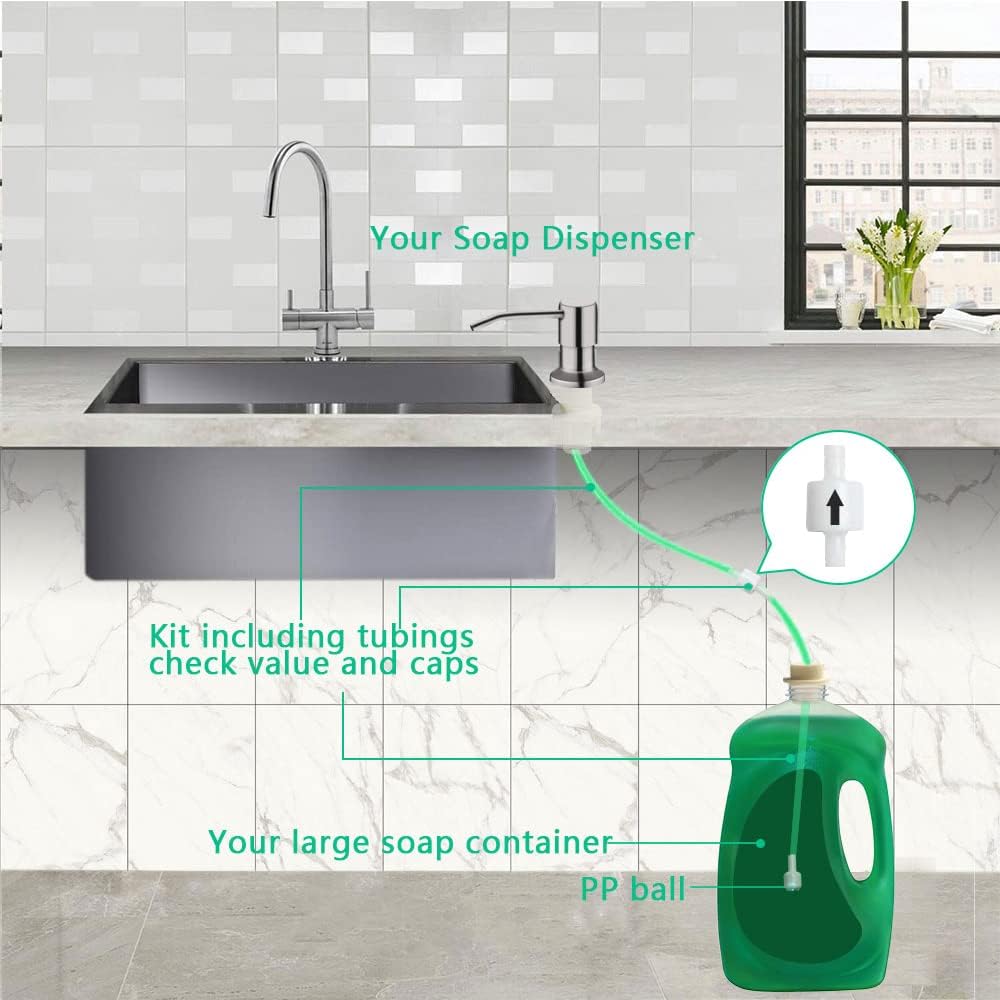 Soap Dispenser for Kitchen Sink, Built in Sink Soap Dispenser (Brushed Nickel), Countertop Soap Dispenser Pump with 47" Extension Tube kit, No Need to Fill Little Bottle Again (Longer Thread Shaft) - Image 3