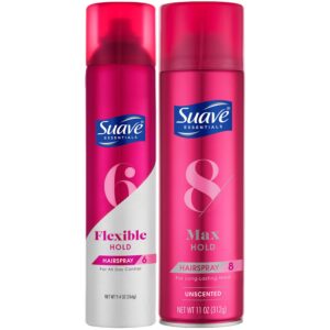 SUAVE Hairspray for Women, Variety 2-Pack – Flex Control, Scented + Max Hold, Unscented, Hair Spray for Fine Hair, Wavy, Sleek, Curly Hair Styling