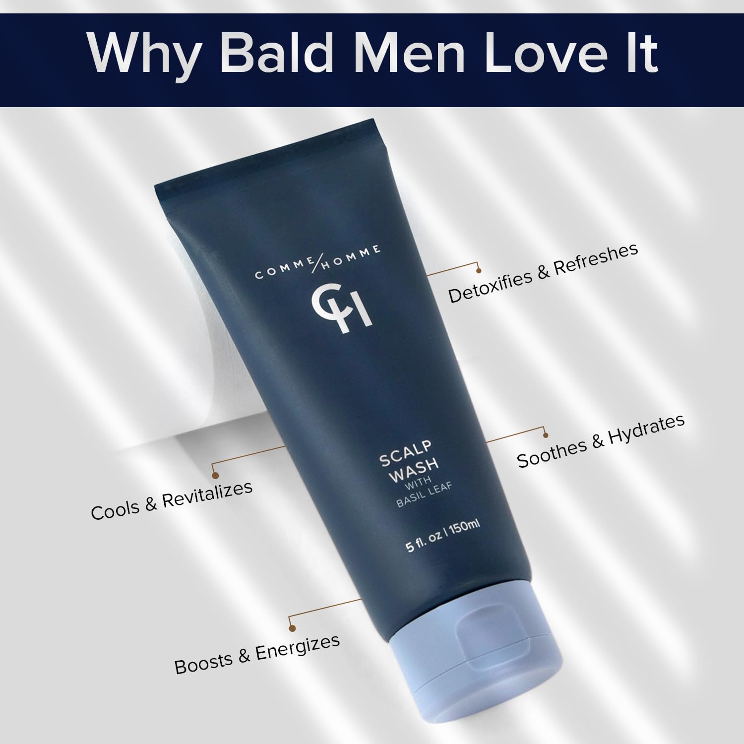 Comme Homme Hydrating Scalp Wash for Bald Men | Gently Cleanses, Soothes & Energizes with Basil, Aloe, Tree Tea & Caffeine | Scalp Wash for Face & Scalp | 5 fl. oz/ 150 ml - Image 3