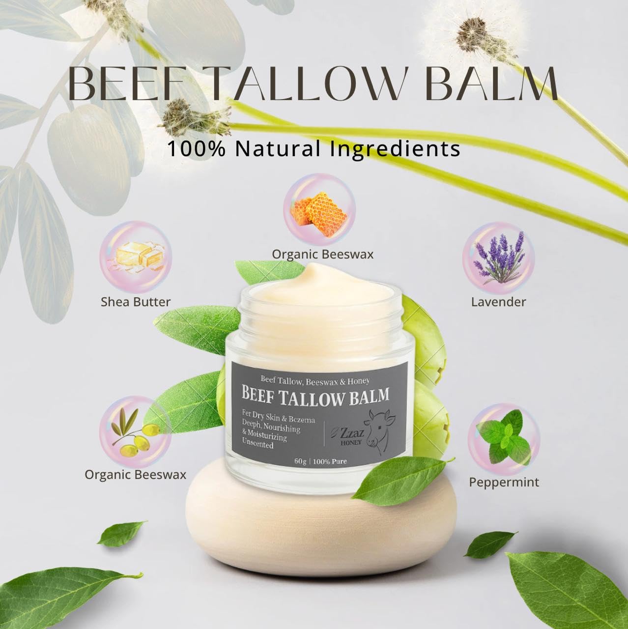 Beef Tallow Balm - 100% Pure Ingredients - Unscented Multipurpose Balm for Skincare - Beef Tallow Moisturizer 2oz/60g - Image 2