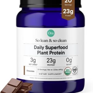Ora Organic Vegan Protein Powder - 23g Plant Protein for Women and Men - Chocolate Flavor 20 Servings, Bloat-Free, Gluten Free, Non-GMO, No Artificial Sweeteners