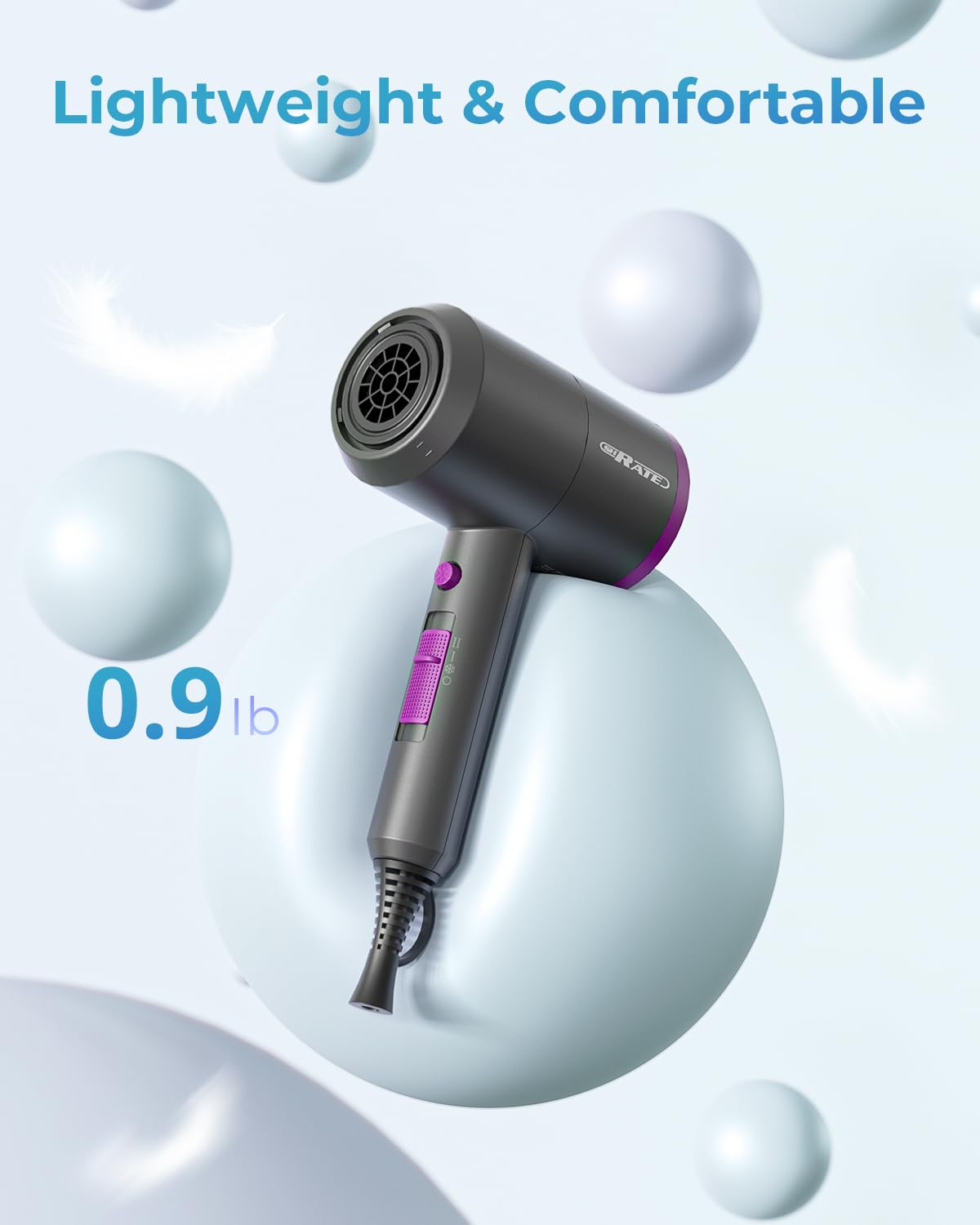 SHRATE Lightweight Ionic Hair Dryer with Diffuser - Powerful 1800W Blow Dryer for Fast Drying - Professional Low Noise Mini Hair Dryer for Travel, Gifts, Hair Styling - Image 3