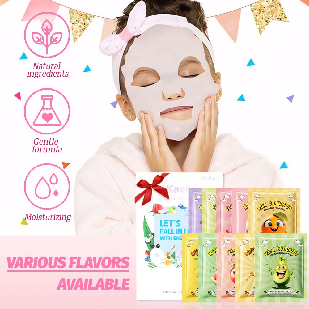 Kaely 10 Pack Fruit Face Masks for Kids, Kids Face Mask Spa Day kit Supplies, Spa Party Favors for Teens Girls Women, Sheet Facial Mask Skincare Gifts Set, Moisturize Soothe for All Skin Types, 01 - Image 5