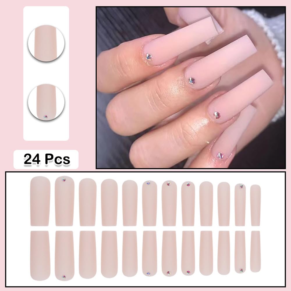 Matte Pink Long Square Press-On Nails with Acrylic Fantasy Designs and Glue - Image 2