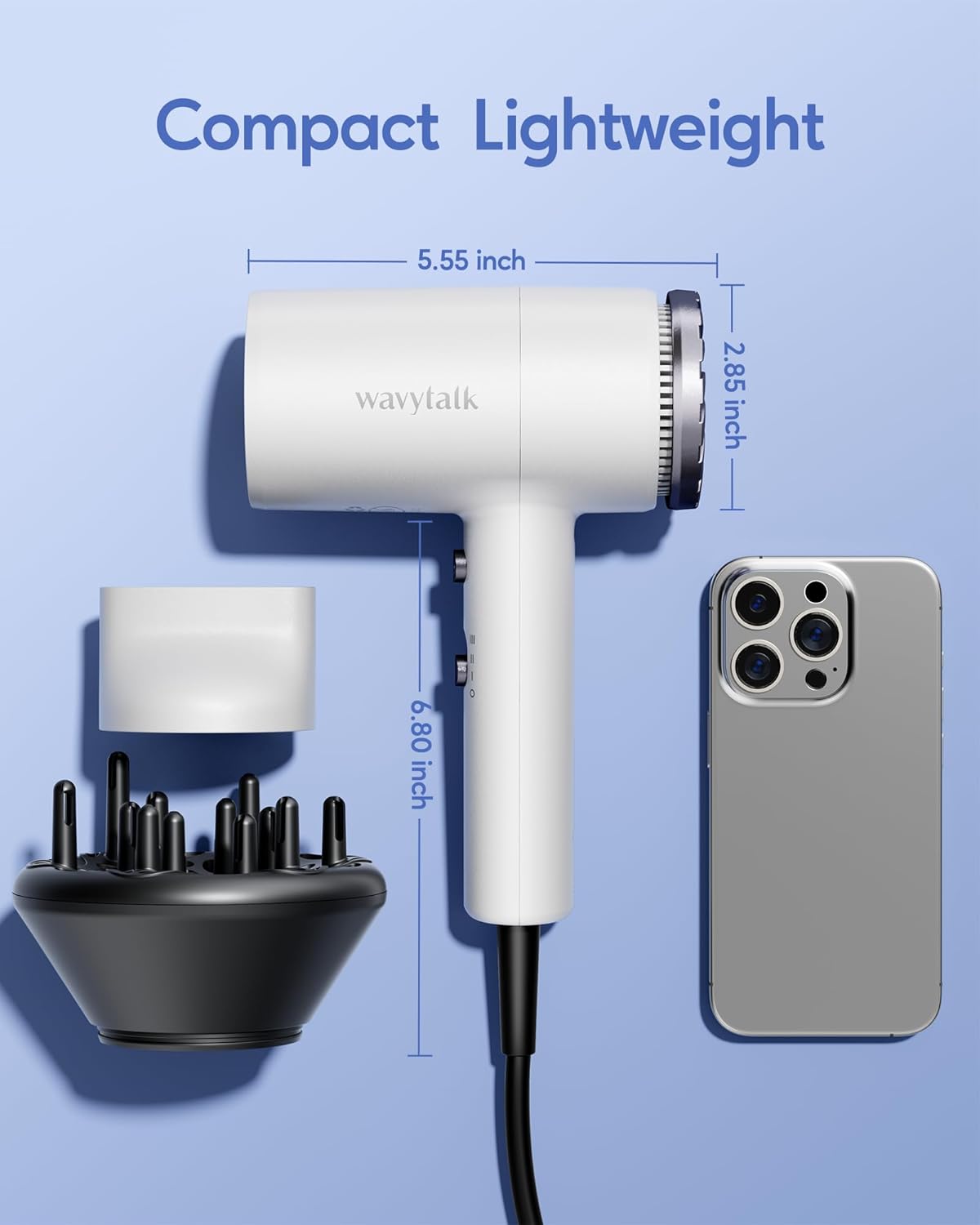 Wavytalk 1875W Ionic Lightweight Professional Hair Dryer White with Diffuser and Concentrator Attachment - Image 7