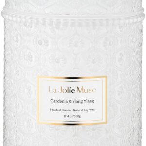 LA JOLIE MUSE Gardenia & Ylang Ylang Scented Candle, 19.4 oz, Large Glass Jar Candles for Women, Wood Wick Candle Gift, Soy Candles for Home, 90 Hours Long Burning Time