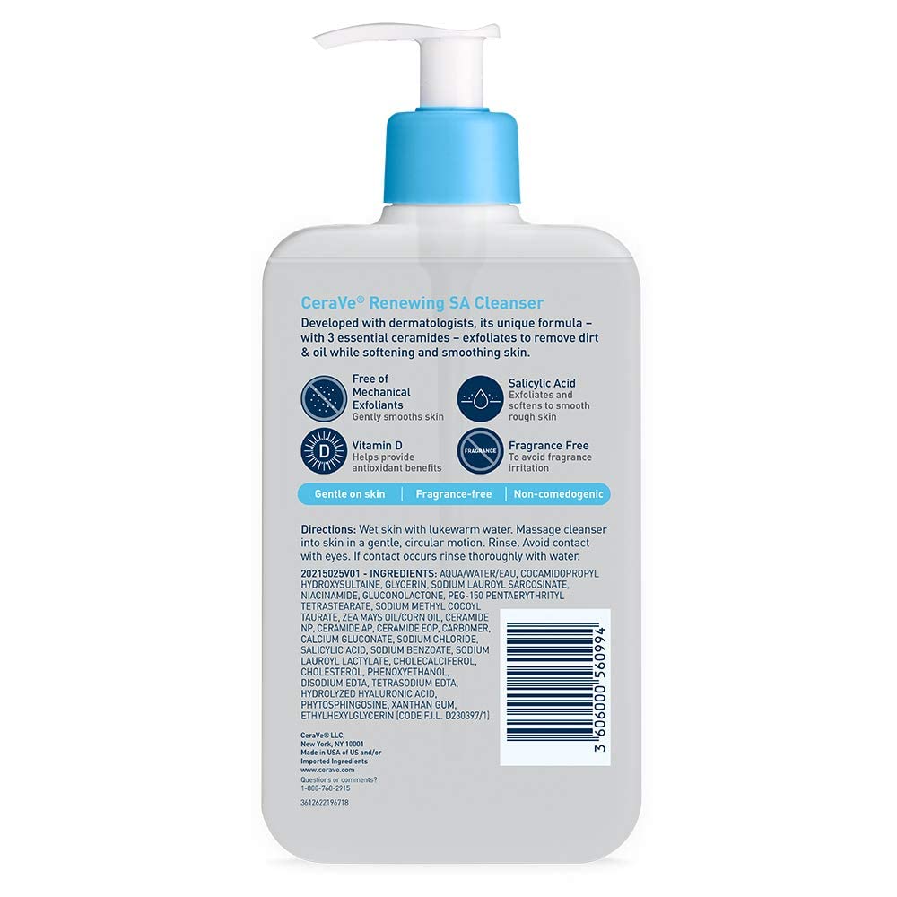CeraVe Renewing Salicylic Acid Cleanser, Formulated With Hyaluronic Acid, Niacinamide, & Ceramides, Gentle BHA Exfoliating Face Wash Smooths & Softens Skin, Non Comedogenic & Fragrance Free, 16 Ounce - Image 10