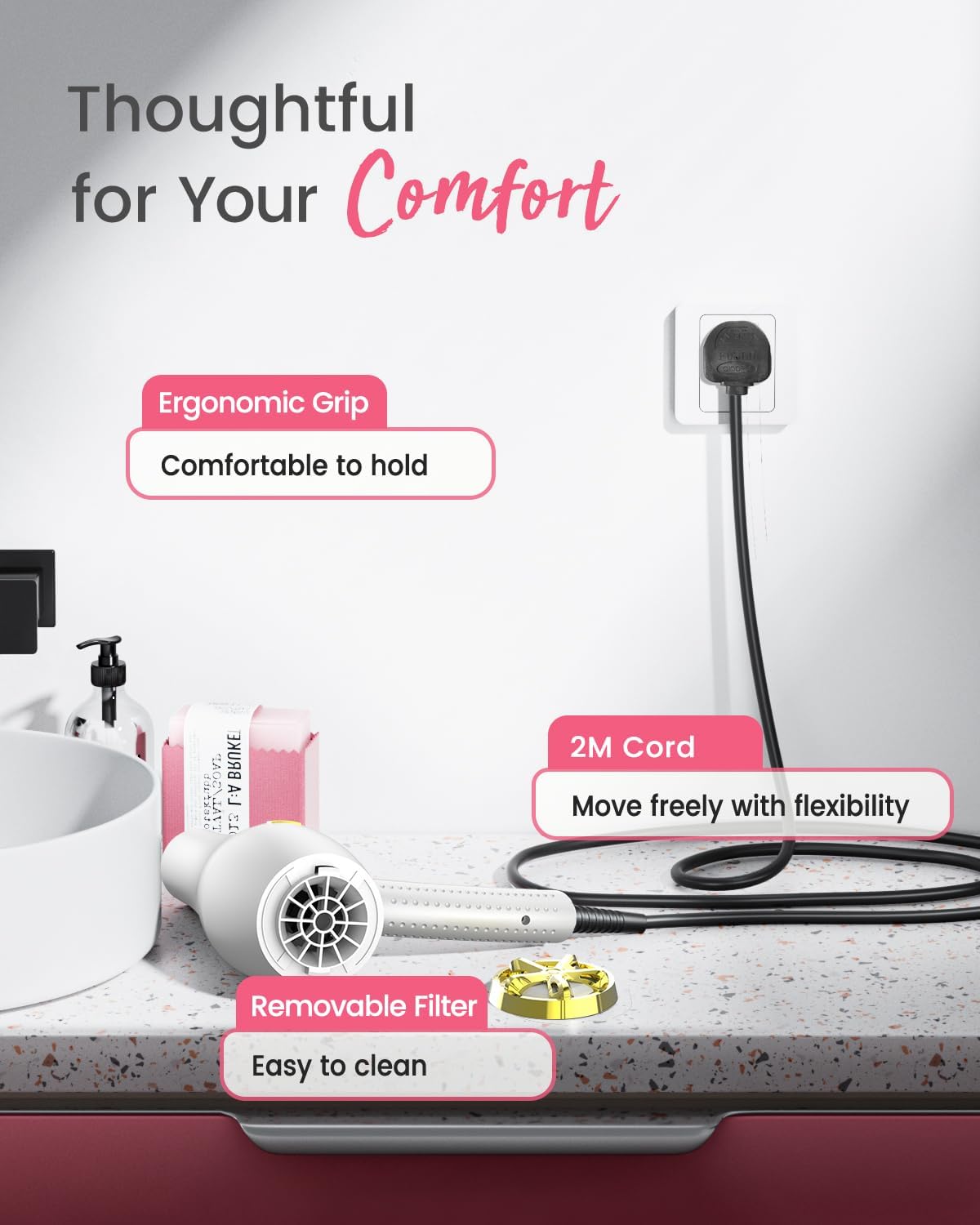 Professional Ionic AC Motor Hair Dryer White 2000W with Diffuser Comb Nozzle Concentrator 2 Speed 3 Heat Cool Shot - Image 8