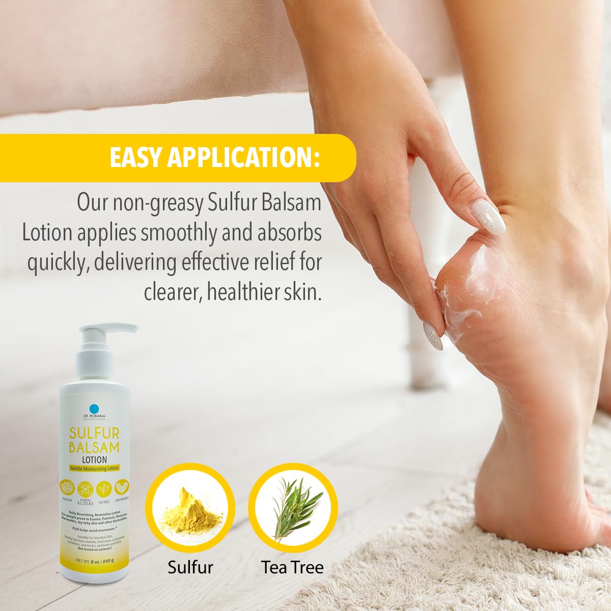 Dr. Robaina Sulfur Balsam Lotion – Daily Moisturizing Lotion for Eczema and Psoriasis Relief – Soothes Redness, Hydrates Sensitive Skin – Natural Ingredients – Made in the USA (Pack of 1) - Image 4