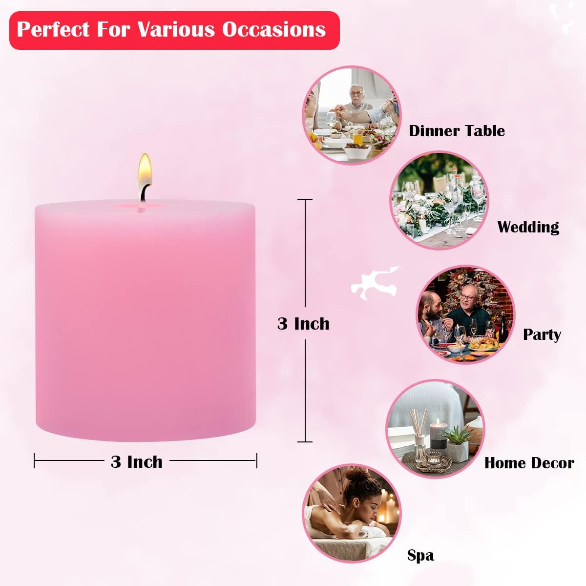 6 Pack 3x3 Inch Pink Pillar Candles for Romantic Valentine's Day, Unscented Column Candles for Home Restaurants Spa Church Weddings, Smokeless Dripless and Clean Burning Emergency Candle - Image 7