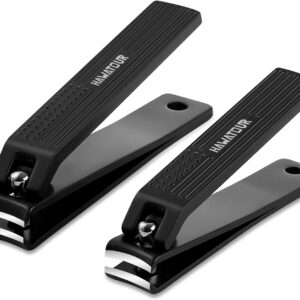 Nail Clippers Set, Ultra Sharp Curved Blade Fingernail and Toenail Clipper Cutters with Visibly Tin Case, Squares and Stripes, Black