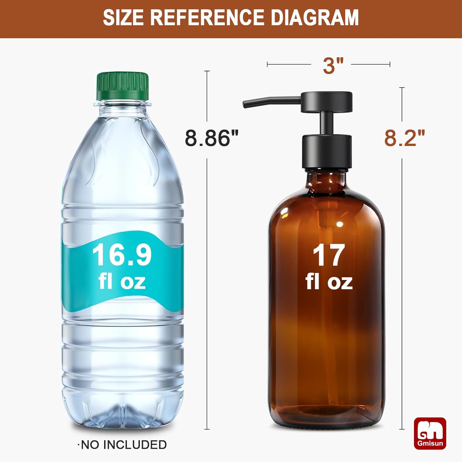 GMISUN 17 Fl Oz Amber Glass Soap Dispenser with Stainless Steel Pump for Kitchen - Image 2