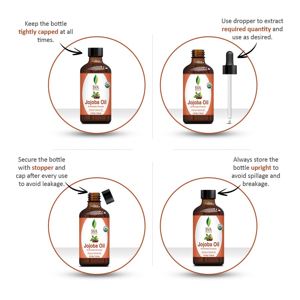 SVA Jojoba Seed Oil Organic - 4 Fl Oz – 100% Natural Cold Pressed Organic Jojoba Oil - for Face, Skin Care, Hair Care, Scalp Massage & Body Massage – Carrier Oil with Dropper - Image 2