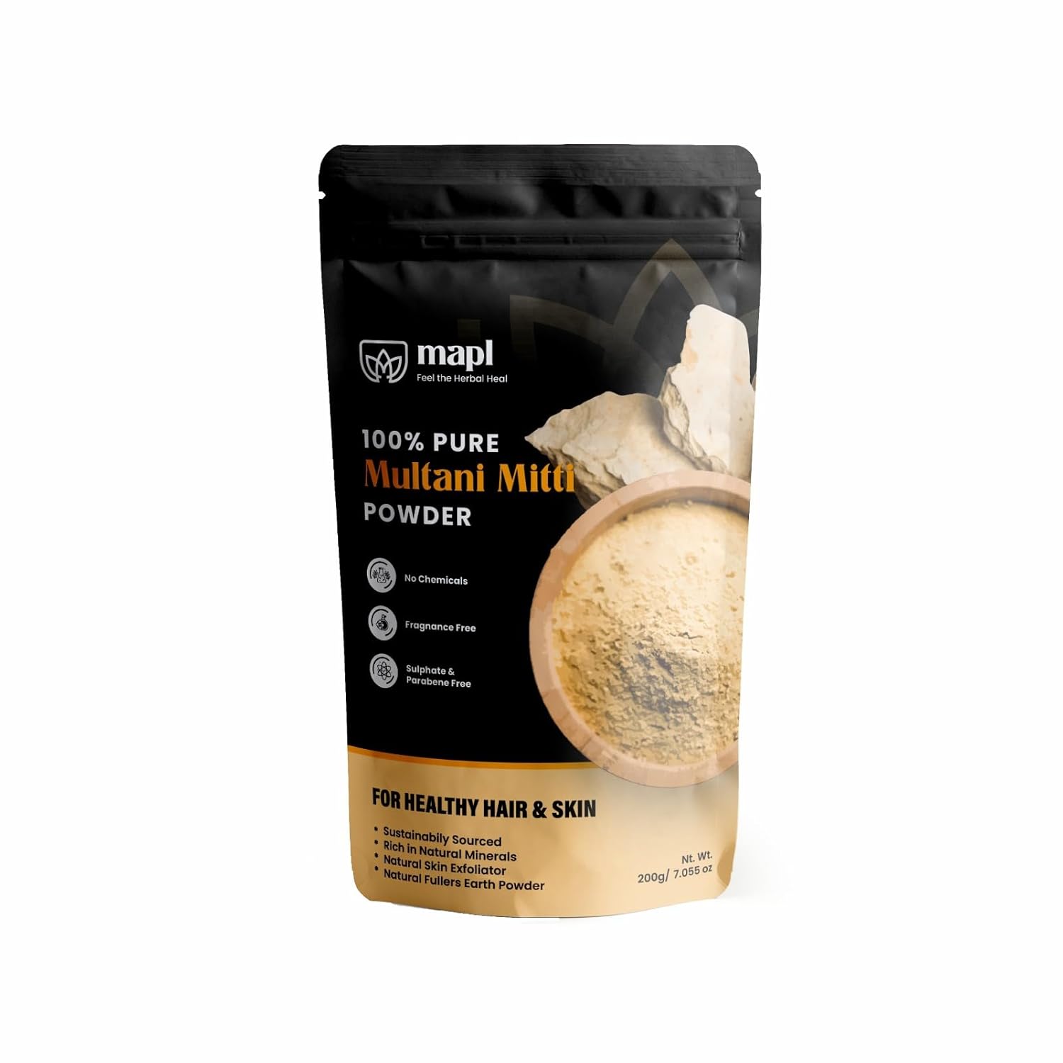 MAPL Multani Mitti Powder Fuller's Earth Clay | 100% Healing Clay for Skin Cleansing, Face Masks, Body Scrubs | Natural Calcium Bentonite Clay | Herbal Face Pack for All Skin Types | 7.05 oz (200g)