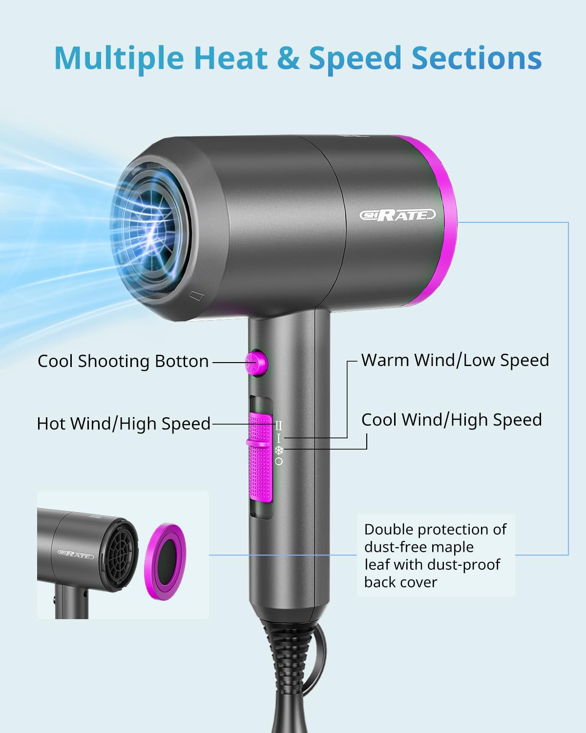 SHRATE Lightweight Ionic Hair Dryer with Diffuser - Powerful 1800W Blow Dryer for Fast Drying - Professional Low Noise Mini Hair Dryer for Travel, Gifts, Hair Styling - Image 7