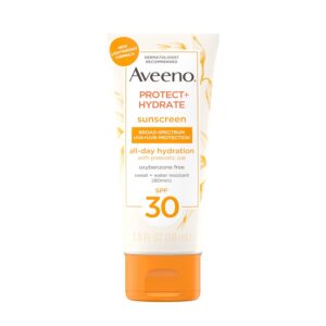 Aveeno Protect + Hydrate Moisturizing Body Sunscreen Lotion with Broad Spectrum SPF 30 & Prebiotic Oat, Weightless & Refreshing Feel, Paraben-Free, Oil-Free, Oxybenzone-Free, 3.0 fl. oz