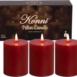 KONNI Dark Red Pillar Candles Set of 3, 3"x 4" Unscented Pillar Candles Bulk, 39 Hours Long Burning Candles, Smokeless&Dripless Large Round Candle for Wedding, Home Decoration, Parties, Spas, Dinner