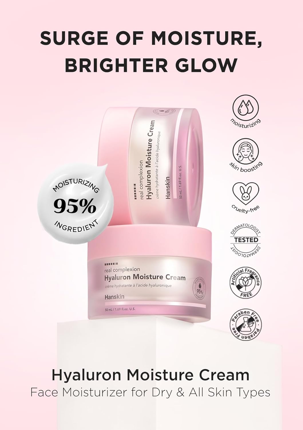Hanskin Real Complexion Hyaluronic Moisture Cream,Hyaluronic Acid Moisturizer with Niacinamide Vitamin E Moisturizing Lotion for Sensitive and Dry Skin Korean Skincare 1.69 fl.oz. - Image 2