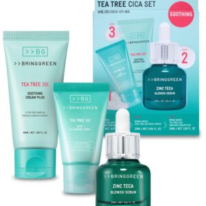 BRING GREEN TEA TREE CICA SET | Korean Skin Care Kit for Acne-Prone, Sensitive Skin | Zinc Teca Serum, Tea Tree Hydrating Moisturizer & Deep Cleansing Foam | Oil Control & Pore Care | K-Beauty Gift
