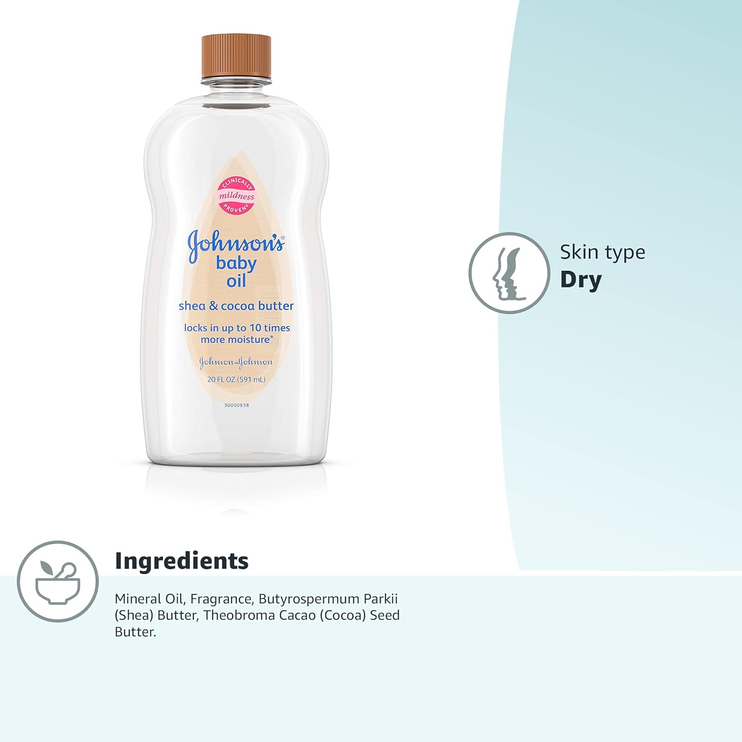Johnson's Baby Oil, Mineral Oil Enriched with Shea & Cocoa Butter to Prevent Moisture Loss, Hypoallergenic, 20 fl. oz - Image 9