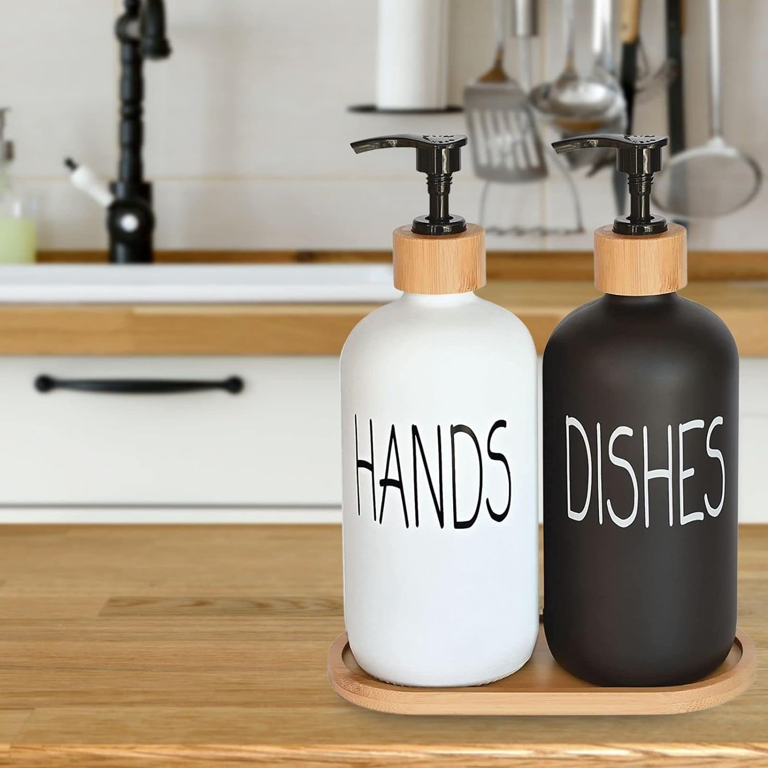 Glass Soap Dispenser Set with Bamboo Tray for Kitchen and Bathroom, 16 oz Capacity - Image 4