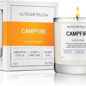 Campfire Scented Candle, 8oz, Coconut & Apricot Wax Blend, Sandalwood, Smoked Amber, Charred Cedarwood, Reusable Glass, 40-50 Hour Burn Time