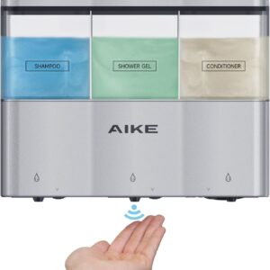 AIKE Touch-Free Shower Shampoo Dispenser Wall Mount Triple Chambers 3 x 10 fl.oz. Battery Operated Silver