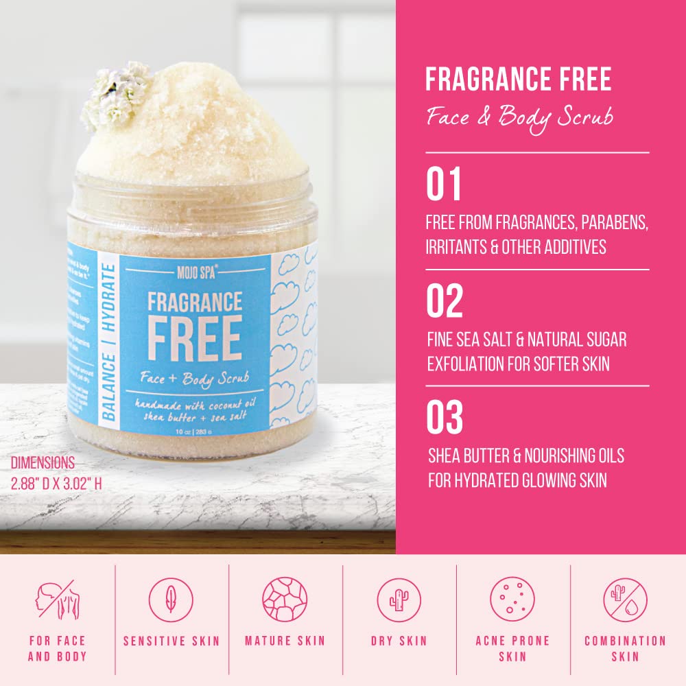 Mojo Spa Fragrance Free Face and Body Scrub | No Scent, Vegan Friendly | Moisturizing Sugar Based Exfoliator for Sensitive Skin | 10 oz - Image 6