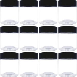 12 Pack 4 oz Plastic Jars,Wide-mouth Clear Storage Containers with Black Lids, Empty Round Clear Plastic Jars with Lids and labels for Body Butter, Bath Salt, Slime and Beauty Products