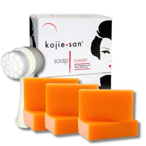 Kojie San Skin Brightening Brush Set - Original Kojic Acid Soap That Helps Reduces Dark Spots & Other Types of Skin Damage – 65g x 6 Bars and Relumins Deep Pore Facial Cleansing Brush