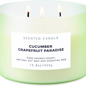 Cucumber Grapefruit Melon Scented Candle | Large 3 Wick Soy Candle for Home 15.8 oz | Refreshing Spring & Summer Aromatherapy Stress Relief Candles Long Lasting | Relaxing Candles for Women & Men