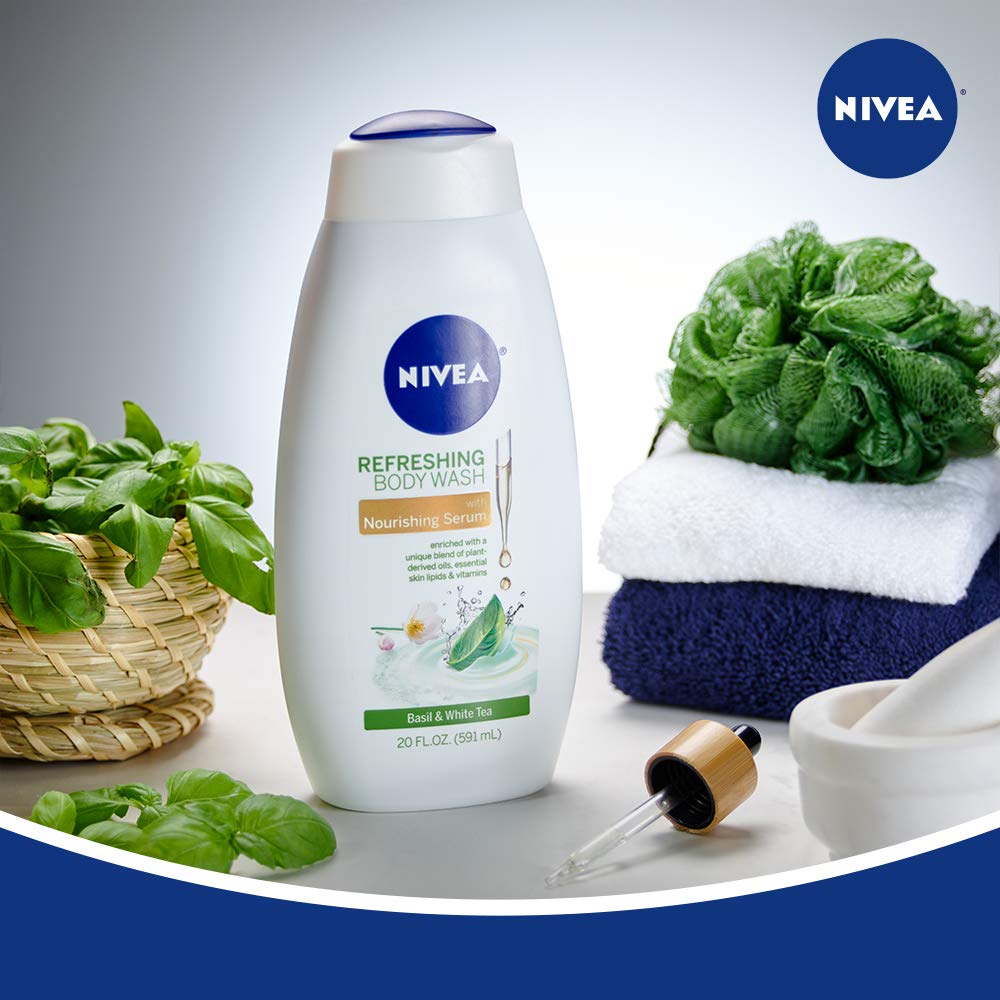 NIVEA Refreshing Body Wash Set Nourishing Serum Dry Skin Basil White Tea White Peach Jasmine 20 Fl Oz - Image 7