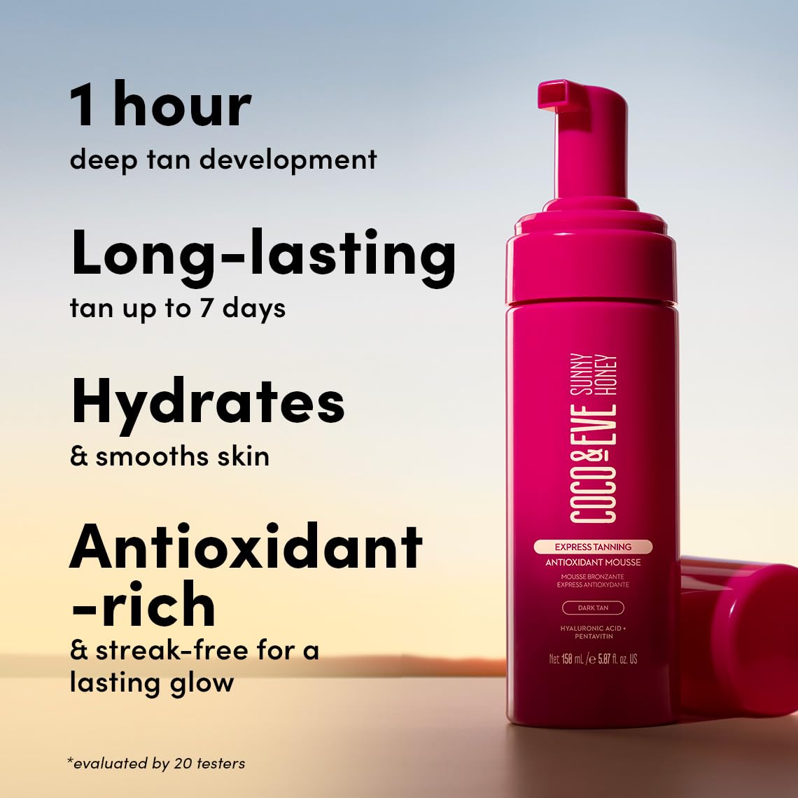 Coco & Eve Express Tanning Antioxidant Mousse - Best 1 Hour Streak-Free Sunless Deep Tan | Fast, Instant, Natural Dark Glow. Moisturizing Tanner with DHA, Hyaluronic Acid, Coconut Extract (5.07 fl oz) - Image 3