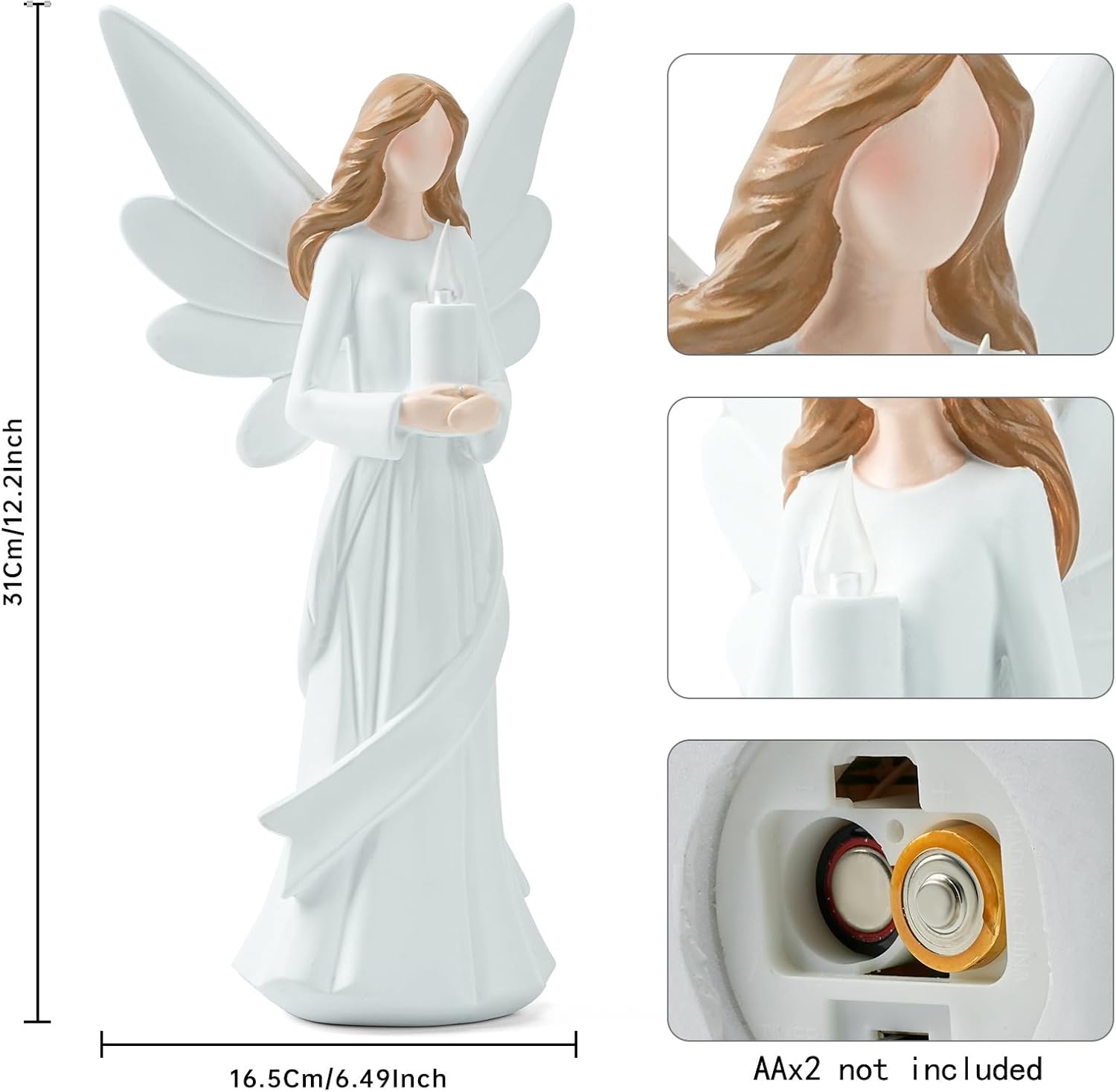 Starryfill 12.2inch Tall Angel Figurine Holds Candle with Timer, Battery Powered Handcrafted Resin Decorative Statue As Gift for Your Family Friends or Home Décor Spiritual Gifts Meditation Spaces - Image 3