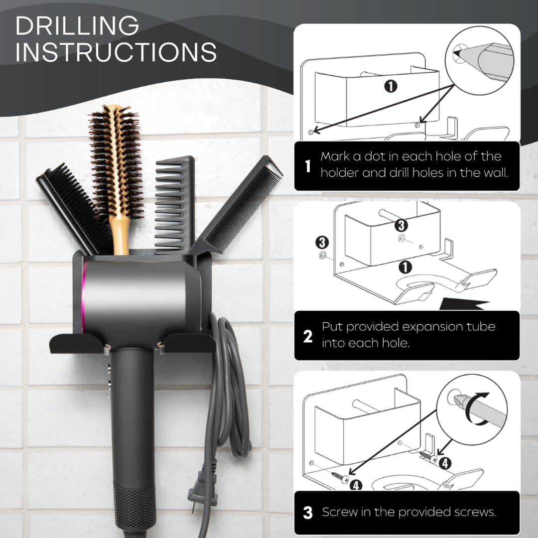 Premium Hair Dryer Holder Wall Mount – Blow Dryer Holder, Sturdy Alloy Steel Hair Tool Organizer, Water Resistant, Dual Easy Installation with 3M Glue Pad or Screw, Ideal for Bathroom - Black - Image 8