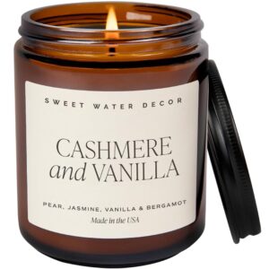 Sweet Water Decor Cashmere and Vanilla Soy Candle - Milky Coconut, Frangipani, and Soft Cashmere Scented Candles for Home - 9oz Amber Jar + Black Lid, 40+ Hour Burn Time, Made in the USA