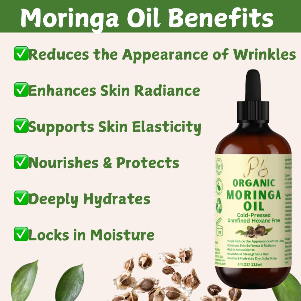 Organic Cold-Pressed Moringa Oil – 100% Pure & Unrefined – Moringa Hydrating Oil for Face, Skin, Hair & Body – Supports Anti-Aging & Youthful Appearance, 4 fl oz Amber Glass Bottle - Image 5