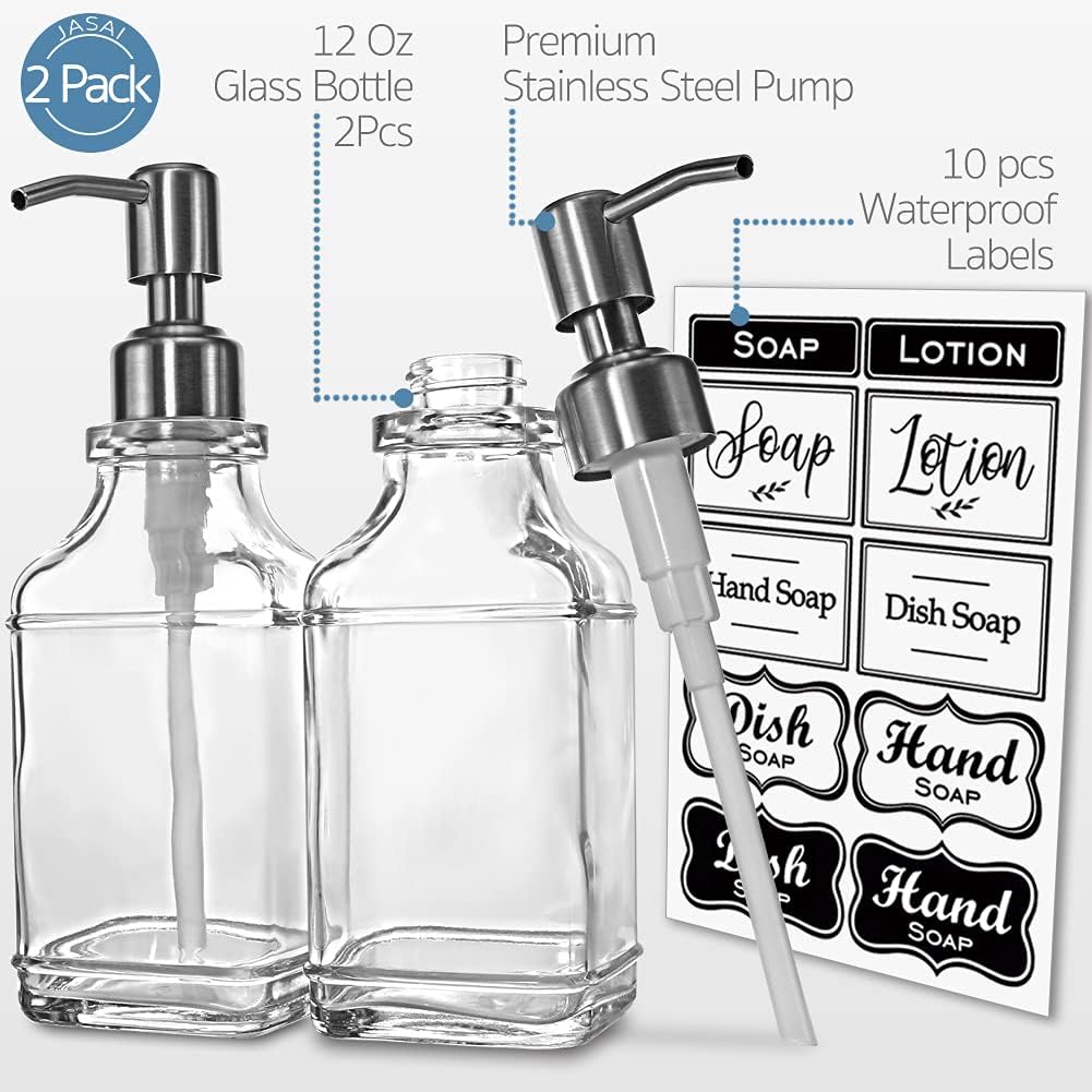 JASAI 2Pack Antique Design Glass Soap Dispenser with Rust Proof 304 Stainless Steel Pump, Refillable Hand Soap Dispenser with 10Pcs Stickers, Premium Soap Dispensers for Kitchen & Bathroom (Clear) - Image 2