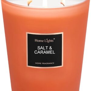 HomeLights Highly Scented Soy Candles Big 33.3 oz for Home. 3 Cotton Wicks, Smokeless Long Lasting 130 hrs in Salt & Caramel. 5x6, Great Gift for Women & Men