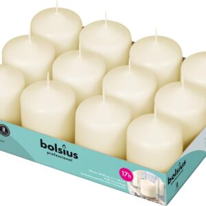 BOLSIUS 12 Ivory Pillar Candles Bulk - 2.3 x 3 inch Candle Set - 17 Hours Clean Burning - No Palm Oil - 0% Animal Fat - Premium European Quality - Wedding, Party, Dinner & Emergency Candles