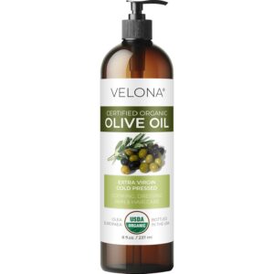 velona USDA Certified Organic Olive Oil - 8 Fl Oz | 100% Pure and Natural Carrier Oil | Extra Virgin, Unrefined, Cold Pressed | Cooking, Dressing, Face, Hair, Body & Skin Care | Use Today - Enjoy Results