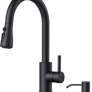 FORIOUS Black Kitchen Faucet with Soap Dispenser and Pull Down Sprayer, High Arc Single Handle Classic 3 Modes Stainless Steel Faucet for Kitchen Sink Farmhouse RV Bar Laundry Camper