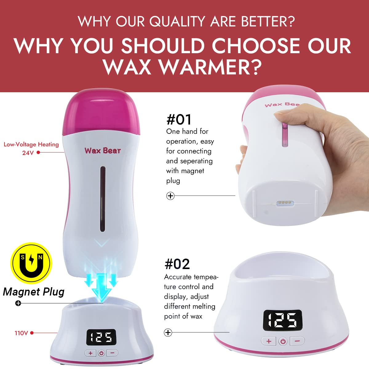 Roll On Wax Kit for Hair Removal,Digital Wax Roller Waxing Kit for Women with Wax Cartridge Refills, Wax Heater with Detachable Magnetic Base (Bright White) - Image 4