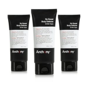 Anthony No Sweat Body Defense Deodorant for Men, Anti-Chafing & Anti-Itch Cream-to-Powder Lotion for Groin, Thighs & Underarms, Talc-Free, Absorbs Moisture, Sweat & Odor Control, 3 fl oz (Pack of 3)