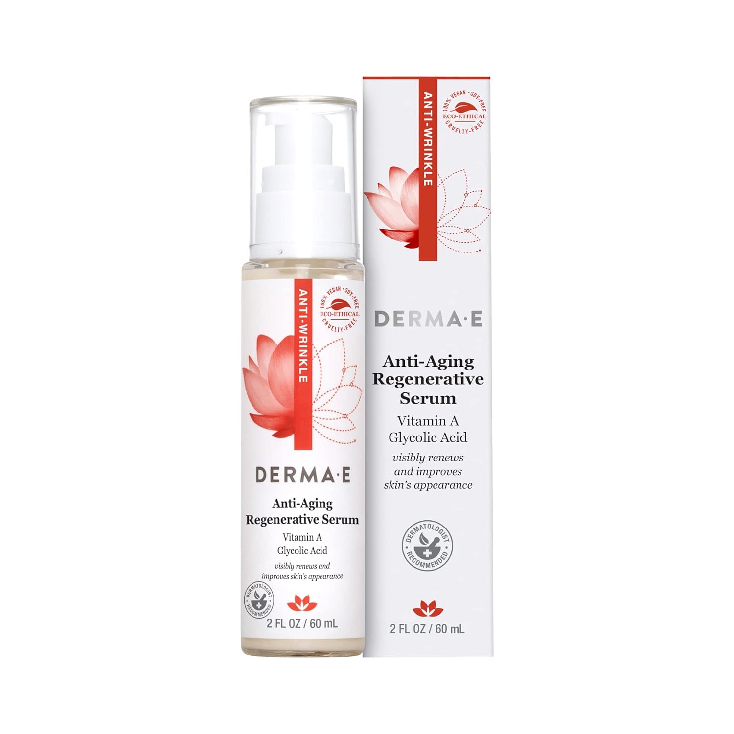 DERMA E Anti-Aging Regenerative Serum – Hydrating Day and Night Serum – Skin Renewing with Glycolic Acid and Vitamin A – Advanced Facial Skin Care Treatment, 2 fl oz