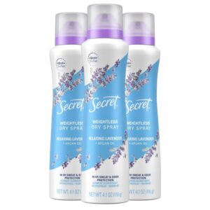 Secret Dry Spray Deodorant Antiperspirant for Women, 48hr Weightless Sweat & Odor Protection, Gentle on Skin, Relaxing Lavender & Argan Oil Scent, 4.1 oz (Pack of 3)