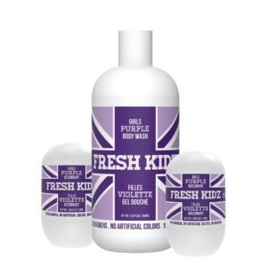 Fresh Kidz Body Wash 16.9 fl.oz. and 2 Roll-On Deodorants 1.86 fl.oz. for Kids and Teens - Girls Purple Set