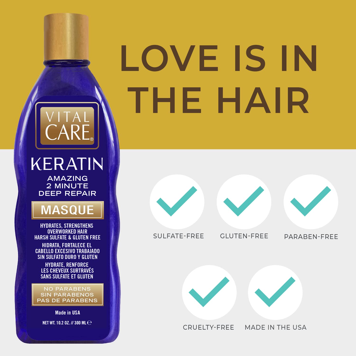 Vital Care Keratin 2-Minute Repair Hair Masque - Gentle Keratin Complex Hair Mask Treatment is Non-Stripping for Daily Use, Hydrating & Repairing - Abyssinian, Avocado & Sunflower Seed Oil - Image 5