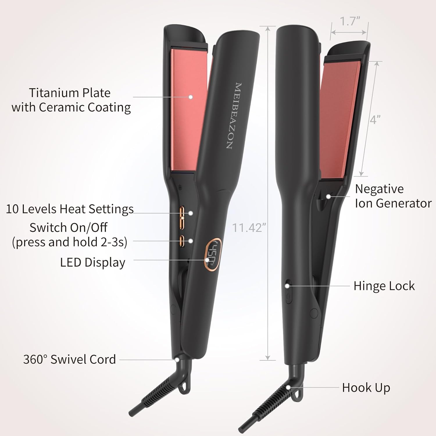 Flat Iron Hair Straightener – 1.7”Wide Ceramic Plate with Negative Ionic Technology, Digital Temp Control & Dual Voltage for Curly/Thick/Coily Hair - Image 6